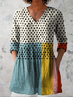 Women's Abstract Geometric Dot Pattern Art Print Casual Linen V-neck Tunic