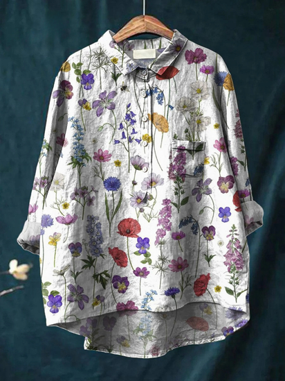 Spring Botanical Garden Pattern Printed Women's Casual Cotton And Linen Shirt