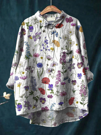 Spring Botanical Garden Pattern Printed Women's Casual Cotton And Linen Shirt