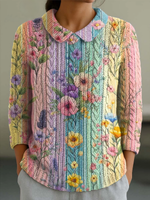 Women's Vintage Floral Art Print Casual Peter Pan Collar 3/4 Sleeve Sweater