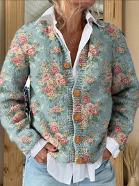 Romantic French Rose Pattern Printed Buttoned Cardigan Sweater
