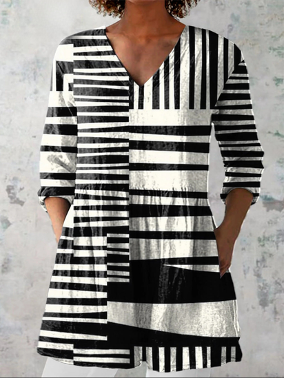 Abstract Strip Pattern Printed Women's Casual Linen V-Neck Tunic