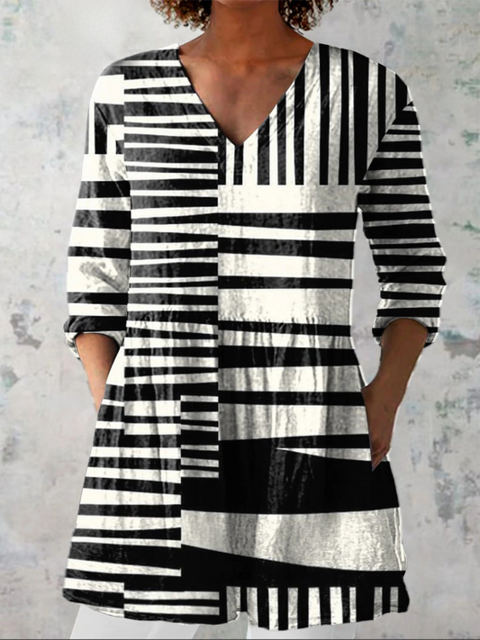 Abstract Strip Pattern Printed Women's Casual Linen V-Neck Tunic
