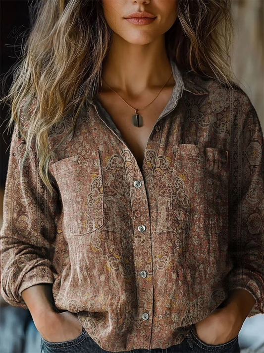 Women's Vintage Art Print Casual Long Sleeve Comfortable Cotton Shirt
