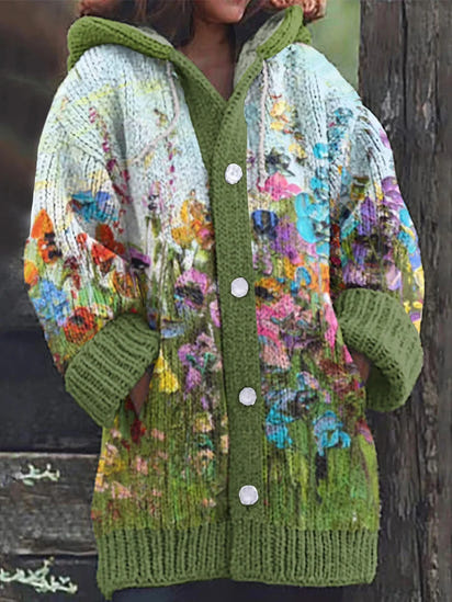 Floral Painting Art Warm Cozy Hooded Cardigan