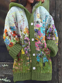 Floral Painting Art Warm Cozy Hooded Cardigan