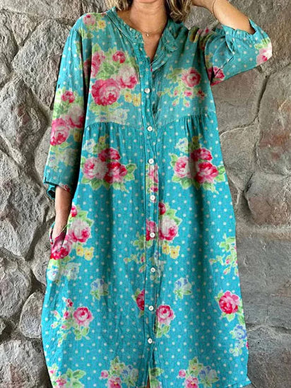 Women's Elegant Rose Polka Dot Floral Print Shirt Style Cotton and Linen Dress