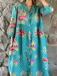 Women's Elegant Rose Polka Dot Floral Print Shirt Style Cotton and Linen Dress