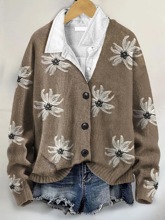 Vintage Floral Art Print Buttoned V-neck Cardigan Sweater
