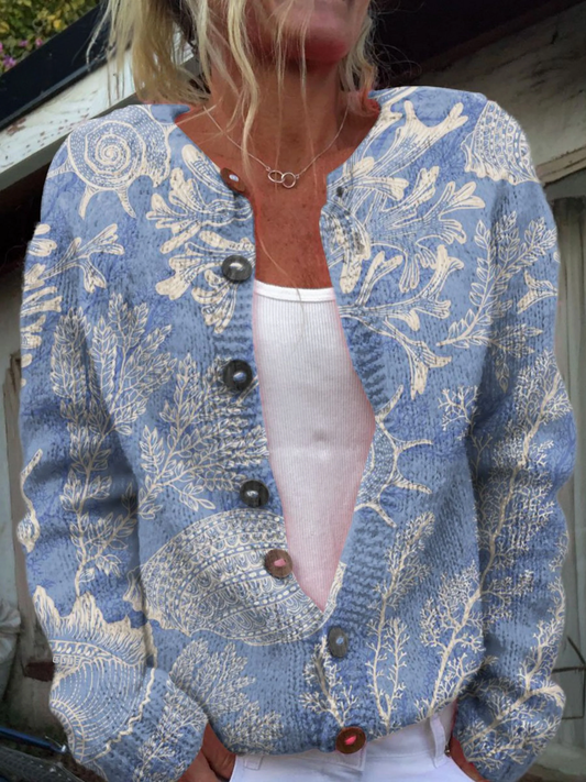 Undersea Plants and Shells Art Print Buttoned Cardigan Sweater