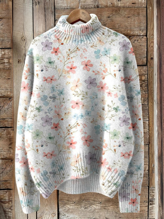 Lovely Floral Art Print Knit Turtleneck Pullover Sweater