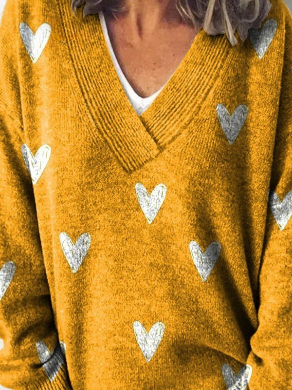 Lovely Hearts Repeat Pattern Printed Knit V-Neck Pullover Sweater