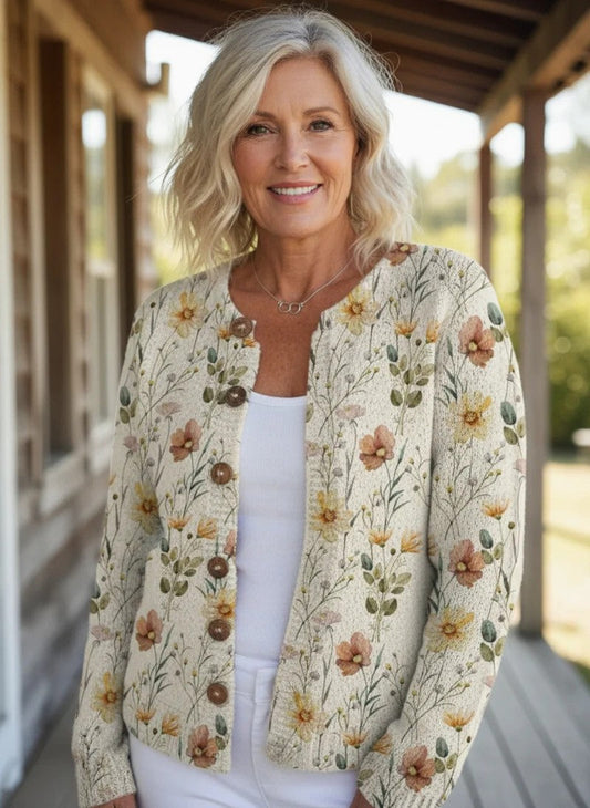 Watercolor Garden Floral Pattern Printed Buttoned Cardigan Sweater
