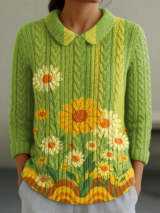 Women's Beautiful Sunflower Flower Painting Art Print Casual Peter Pan Collar 3/4 Sleeve Sweater