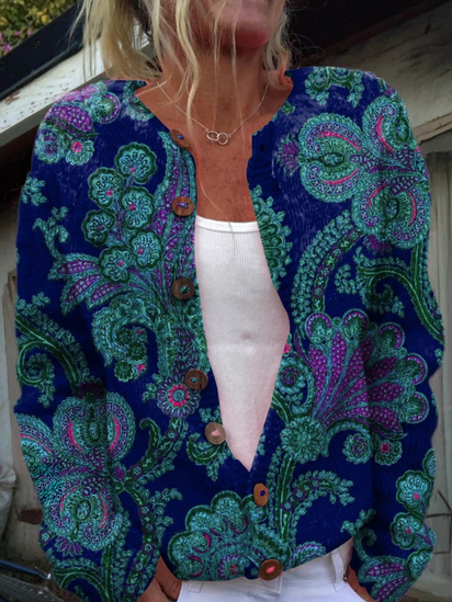 Women's Vintage Lovely Floral Art Print Buttoned Cardigan Sweater