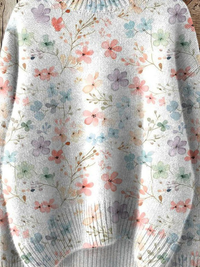 Lovely Floral Art Print Knit Turtleneck Pullover Sweater