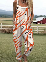 Women's Ghost Art Print Casual 100% Cotton Wide Leg Jumpsuit
