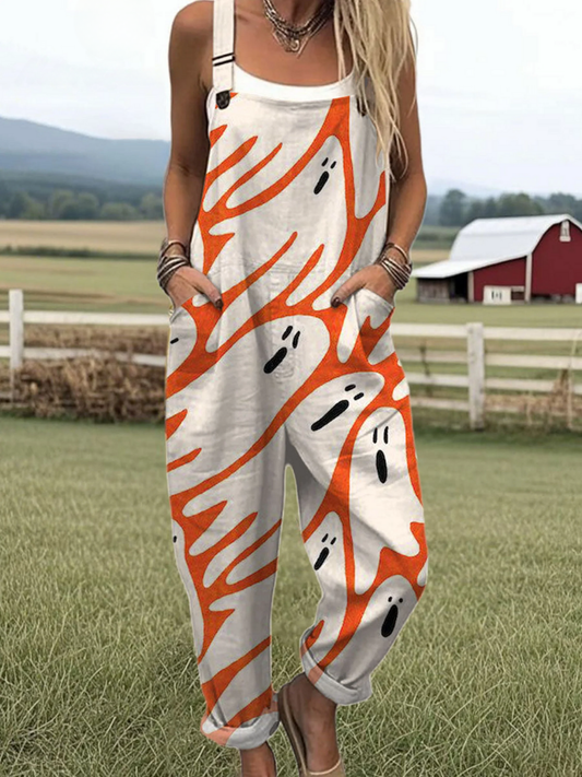Women's Ghost Art Print Casual 100% Cotton Wide Leg Jumpsuit