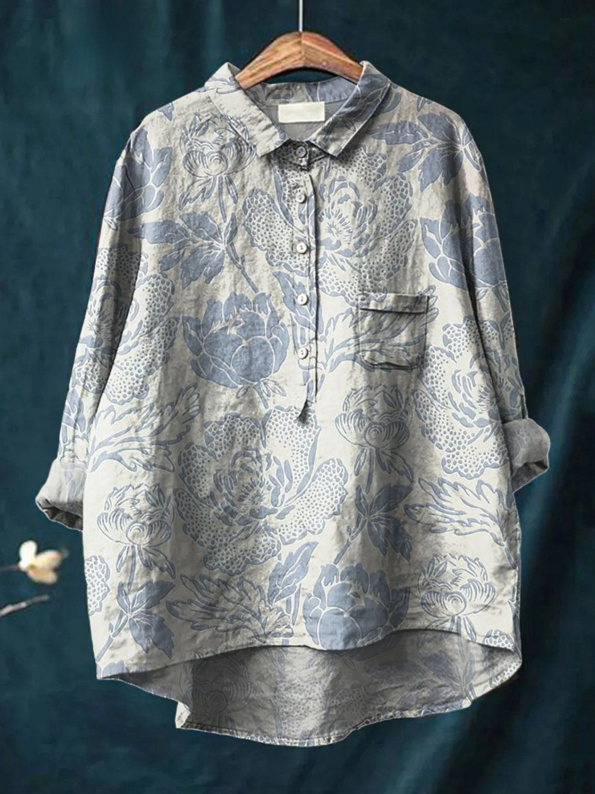 Women's Vintage Floral Art Print Casual Cotton And Linen Shirt