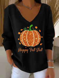 Women's Autumn Rhinestone Pumpkin Print V-Neck T-Shirt