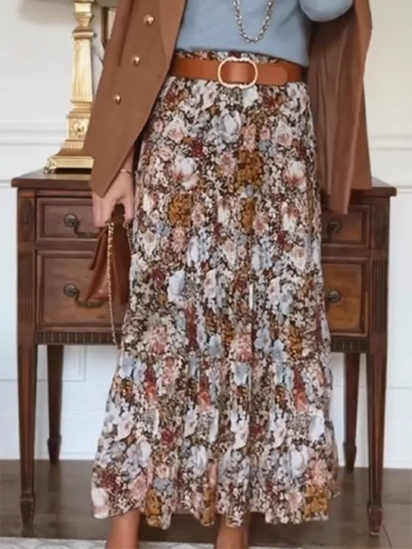 Autumn and Winter Floral Print Elastic Waist Skirt