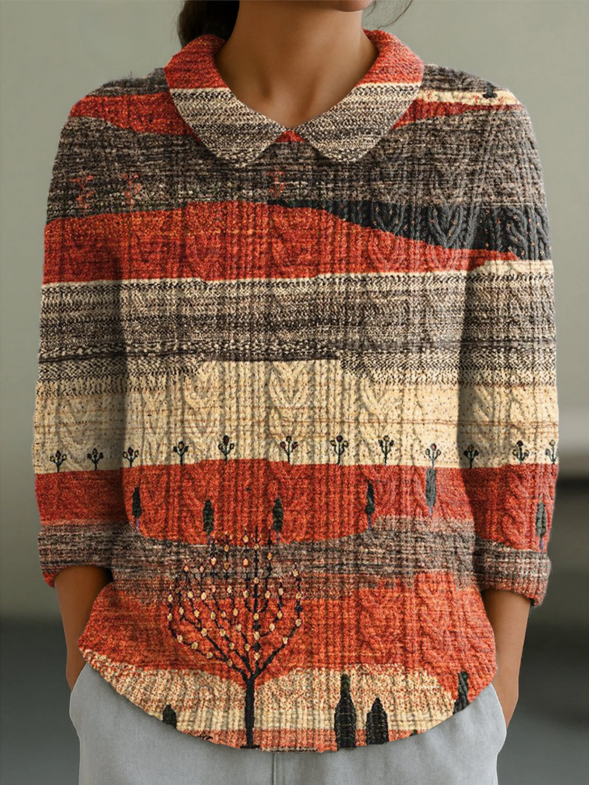 Women's Vintage Abstract Landscape Painting Art Print Casual Peter Pan Collar 3/4 Sleeve Sweater