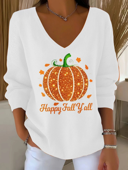 Women's Autumn Rhinestone Pumpkin Print V-Neck T-Shirt