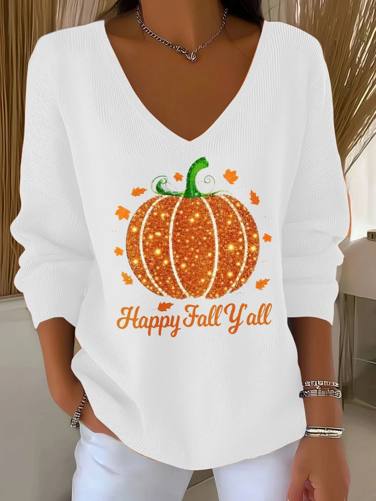 Women's Autumn Rhinestone Pumpkin Print V-Neck T-Shirt