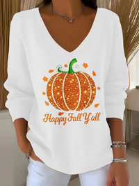 Women's Autumn Rhinestone Pumpkin Print V-Neck T-Shirt