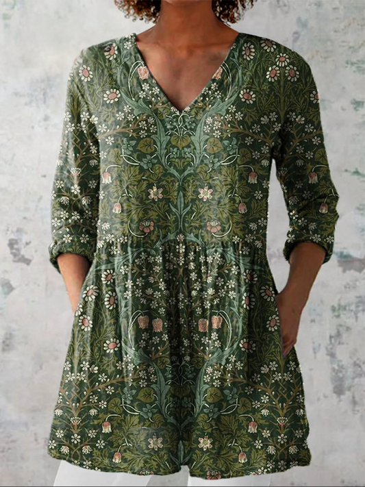 Women's Vintage Lovely Floral Art Print Casual Linen V-neck Tunic