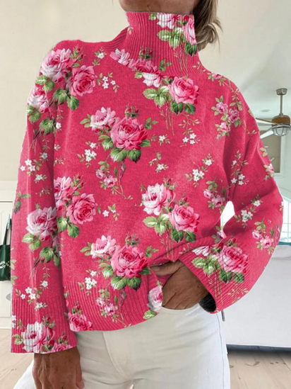 Vintage Floral Art Print Knit Turtleneck Pullover Sweater