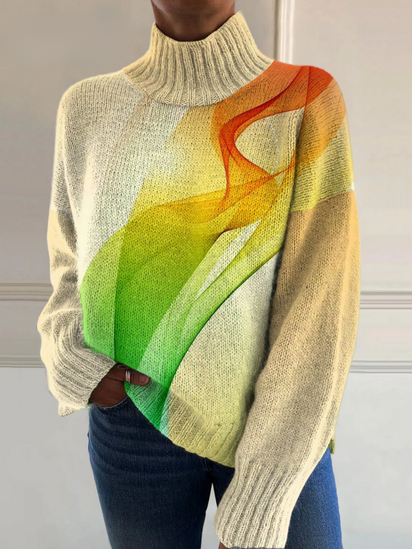 Colorful Line Art Print Knit Turtleneck Pullover Sweater