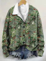 Vintage Cute Christmas Art Print Buttoned V-neck Cardigan Sweater