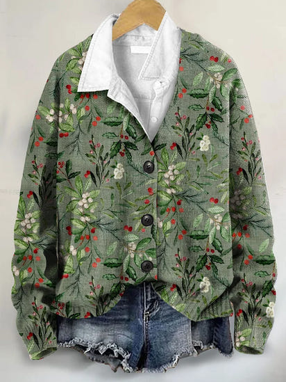 Vintage Cute Christmas Art Print Buttoned V-neck Cardigan Sweater