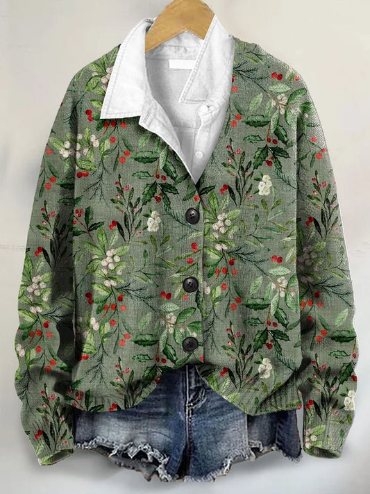 Vintage Cute Christmas Art Print Buttoned V-neck Cardigan Sweater