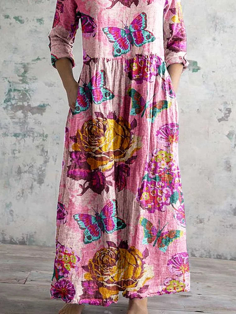 Women's Elegant Rose Floral Butterfly V-Neck Cotton and Linen Dress with Pockets