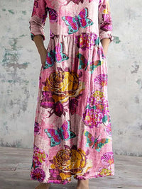 Women's Elegant Rose Floral Butterfly V-Neck Cotton and Linen Dress with Pockets