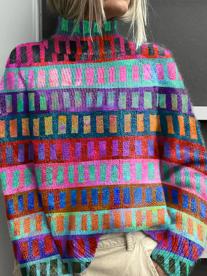 Colored Square Stripes Print Knit Turtleneck Pullover Sweater