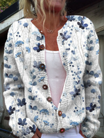 Wild Flower Art Print Buttoned Cardigan Sweater