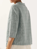 Women'S Linen Check Crew Neck Soft Lapel Top