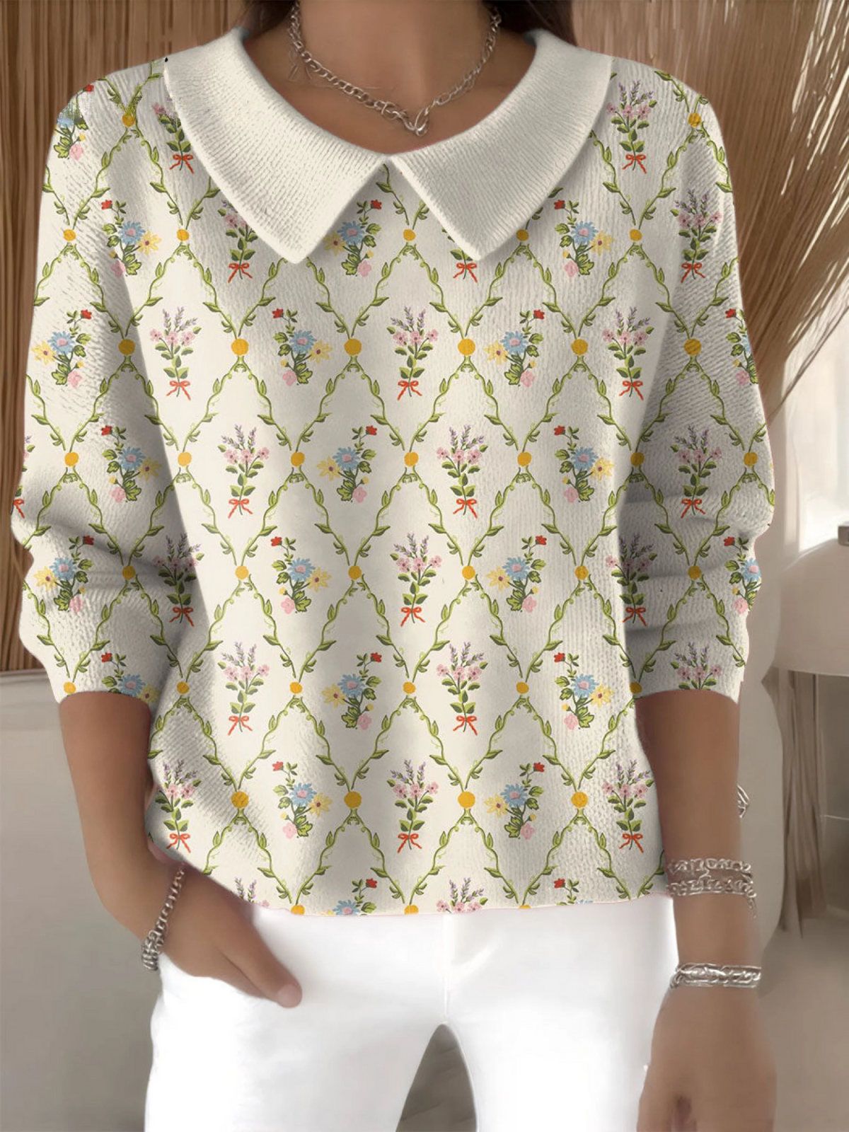 Women's Floral Flowers Casual Print Peter Pan Collar 3/4 Sleeve Sweater
