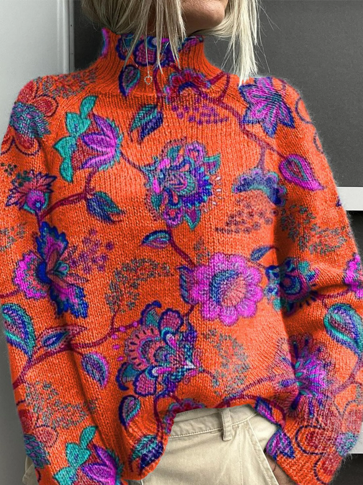 Women's Floral Art Print Knitted Turtleneck Pullover Sweater