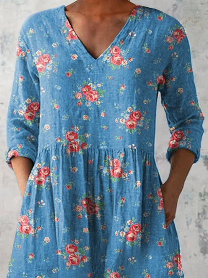 Lovely French Rose Pattern Printed Women's Casual Linen V-Neck Tunic