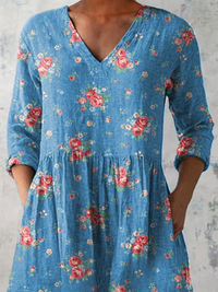 Lovely French Rose Pattern Printed Women's Casual Linen V-Neck Tunic