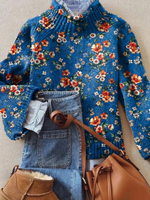 Women's Vintage Lovely Floral Art Print Knit Turtleneck Pullover Sweater