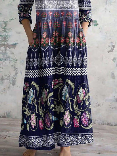 Women's Vintage Floral Print Casual Cotton Dress