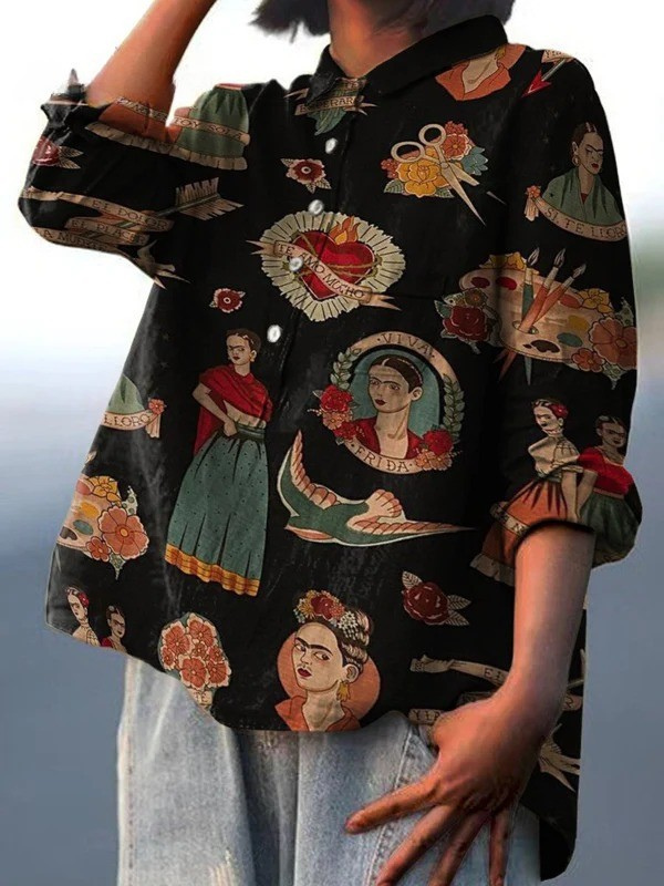 Artist Frida Decorative Patterns Casual Cotton And Linen Shirt
