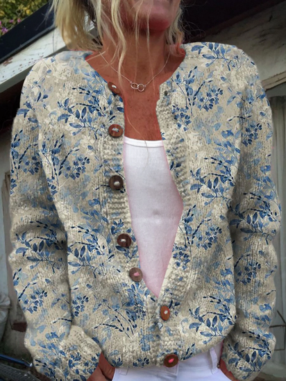 Vintage Flower Art Print Buttoned Cardigan Sweater