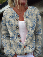 Vintage Flower Art Print Buttoned Cardigan Sweater