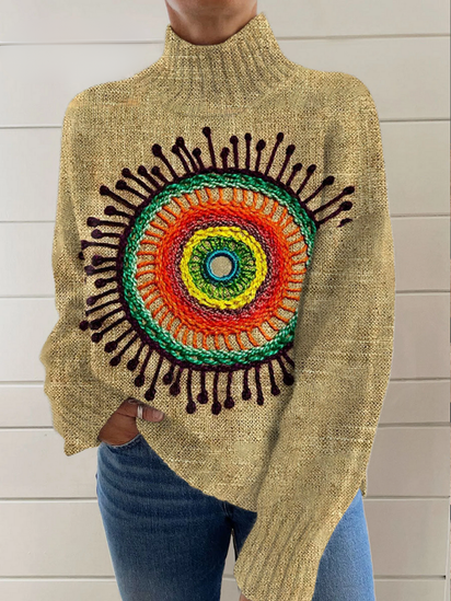 Vintage Psychedelic Collage Sunflower Retro Hippie Art Pattern Art Print Knit Turtleneck Pullover Sweater